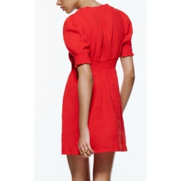 Zara Linen Red Mini Linen Puff Sleeve Dress Medium Button Stretch Waist Party - Picture 2 of 12